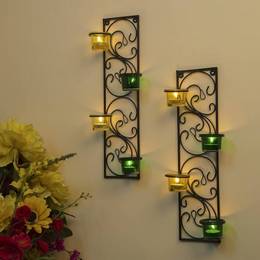 Homesake-Wall-Hanging-Twisted-Petals-Tea-Light-Candle-Diya-Holders-Set-of-2-Green-and-Yellow-Candle-Holder