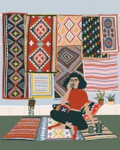 Moroccan-carpet-art-print-Bohemian-terrace-design-Boho-girl-illustration-wall-art