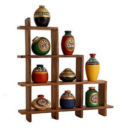 Unravel India 9 Warli painted pots with Sheesham Wooden Frame Brown Frame Multi Colour Pots